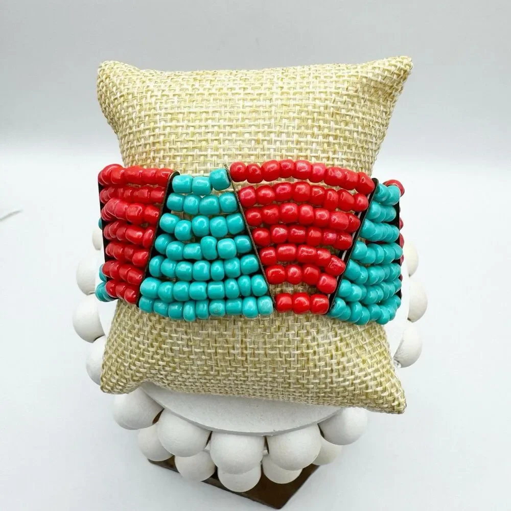 Coral Turquoise Glass Seed Bead Color Block Stretch Bracelet Boho Southwest